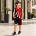 Imported Premium Boys Red & Black Graphic Sleeveless Hooded Tank Top T-Shirt