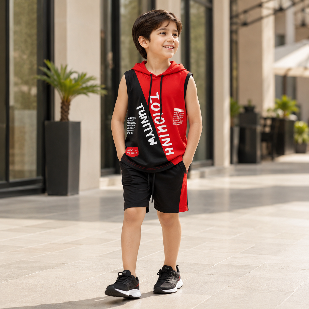 Boys Red & Black Graphic Sleeveless Hooded Tank Top T-Shirt