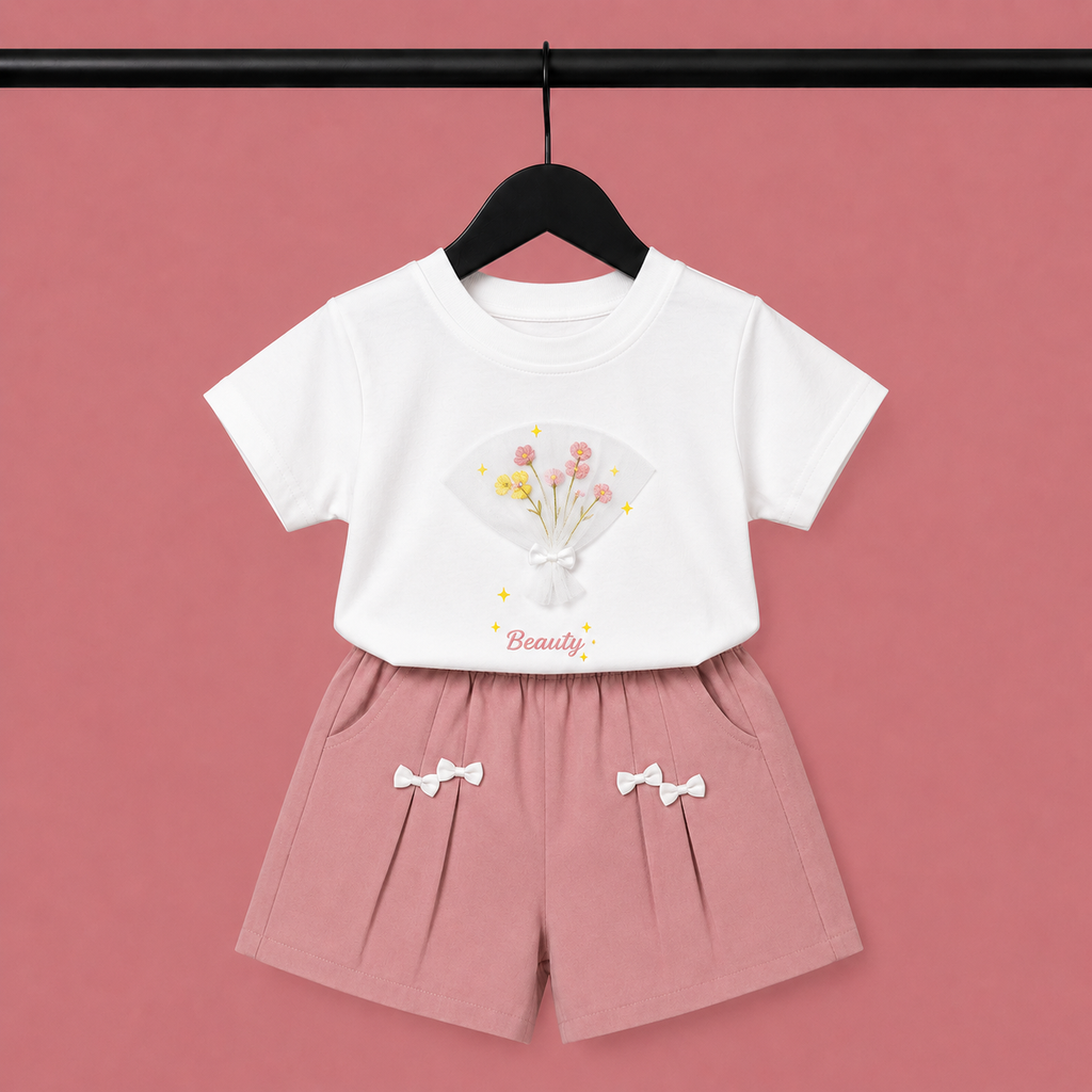 Girls Floral Print T-Shirt & Bow Detail Shorts Set – White & Dusty Pink Suit