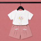 Imported Girls Fashionwear Floral Print T-Shirt & Bow Detail Shorts Set – White & Dusty Pink Suit