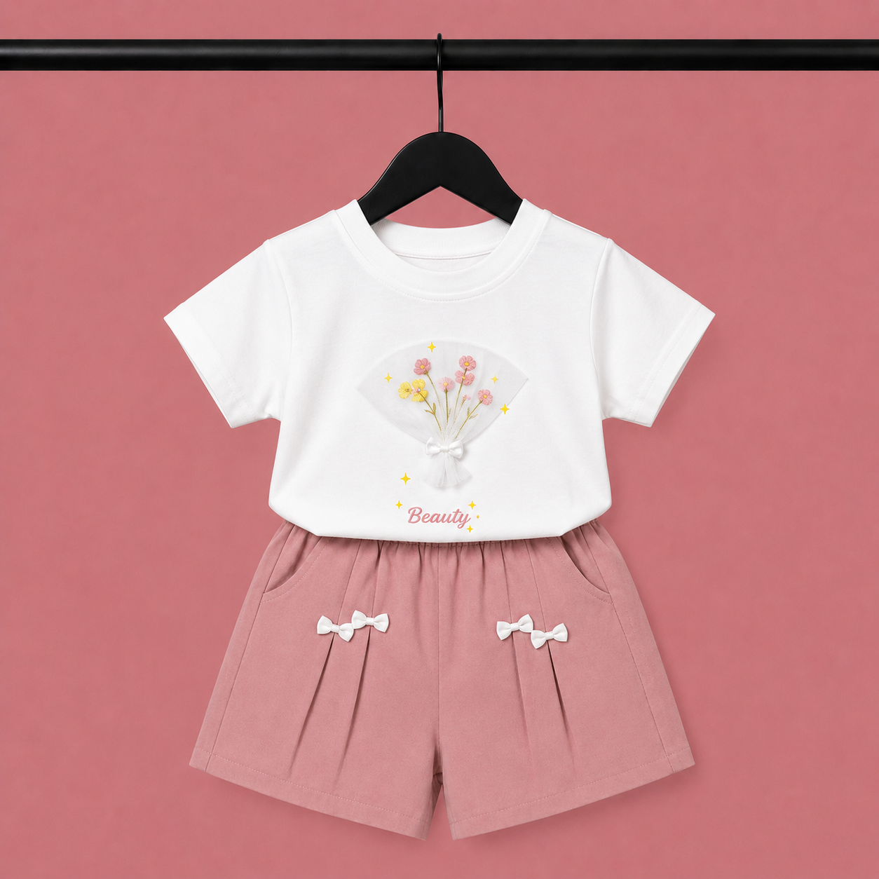 Girls Floral Print T-Shirt & Bow Detail Shorts Set – White & Dusty Pink Suit