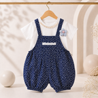 Imported High Quality Girl Romper Set Navy Floral Bubble with Flower Brooch Detail for Baby Girls