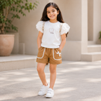 Imported Fashionwear Girls Butterfly Puff Sleeve Top & Lace Pocket Shorts Suit