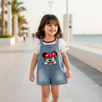 Imported Premium Girls Mickey Mouse Patch Denim Romper with strawberry and bow pattern T-Shirt for Baby Girls