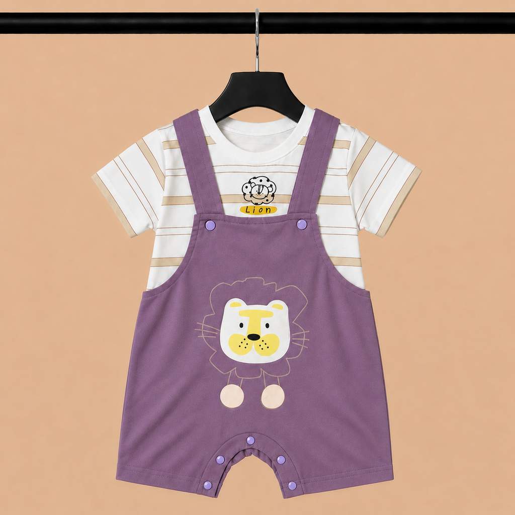 Lion Print Dungaree Romper Set with Striped T-Shirt for Baby Girls – Purple & White