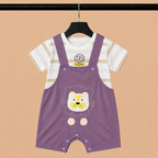 Imported High Quality Lion Print Dungaree Romper Set with Striped T-Shirt for Baby Girls – Purple & White