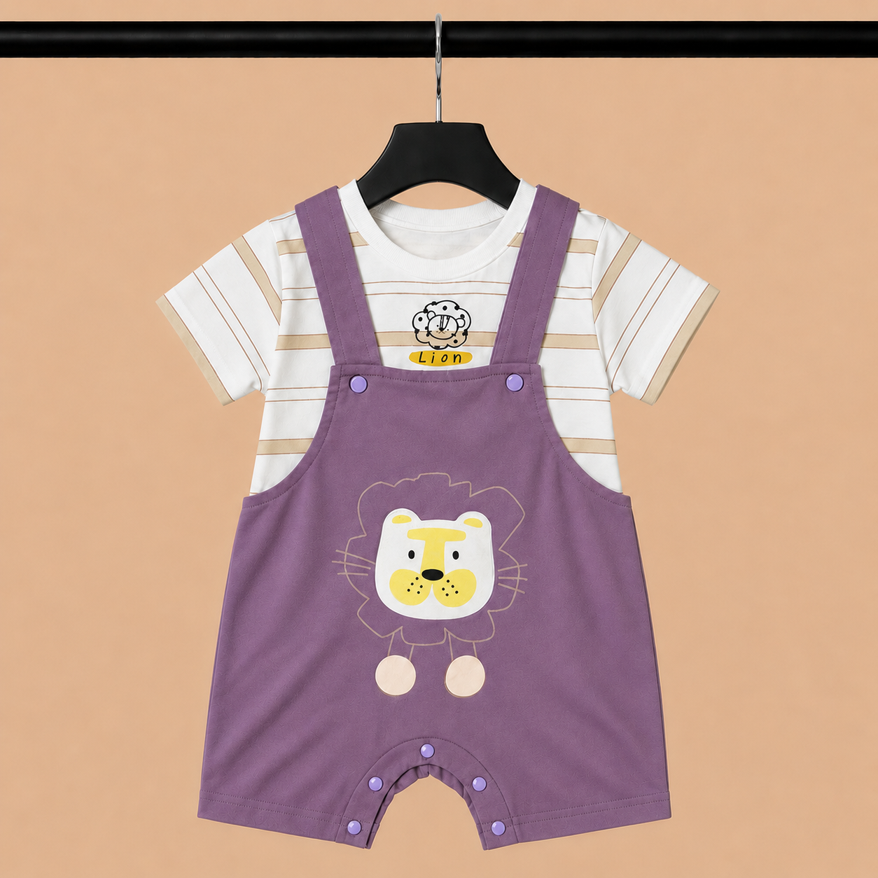 Lion Print Dungaree Romper Set with Striped T-Shirt for Baby Girls – Purple & White
