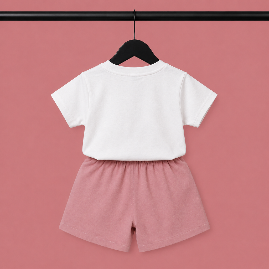 Girls Floral Print T-Shirt & Bow Detail Shorts Set – White & Dusty Pink Suit