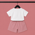 Imported Girls Fashionwear Floral Print T-Shirt & Bow Detail Shorts Set – White & Dusty Pink Suit