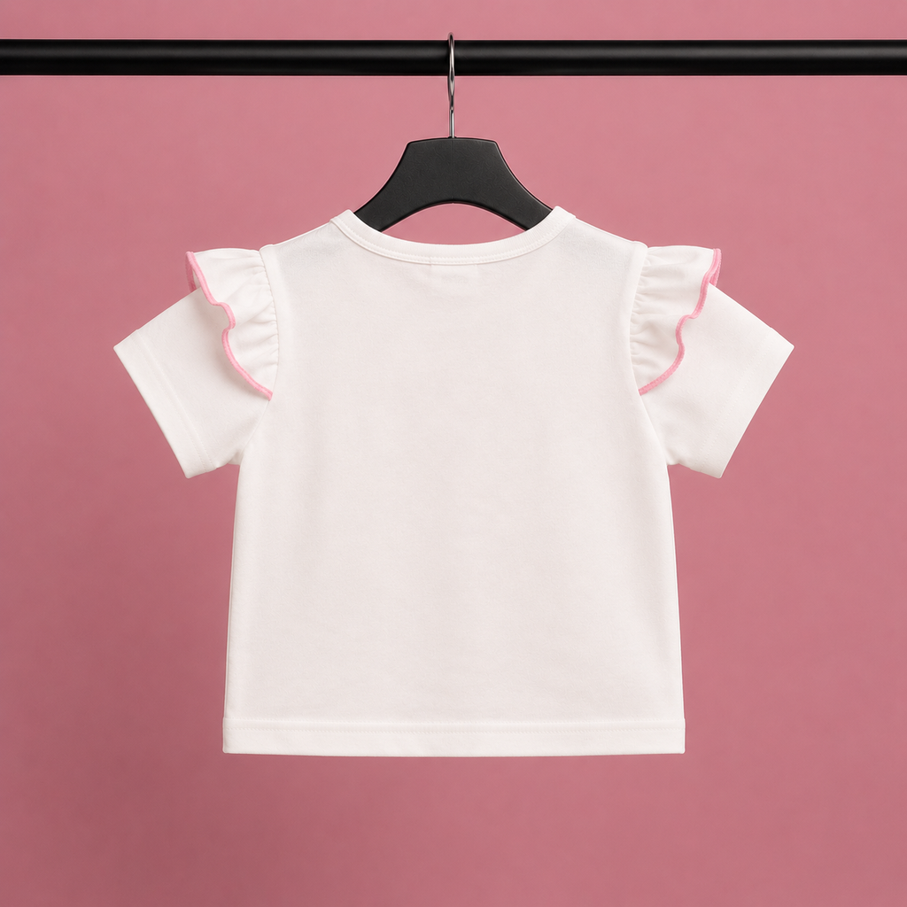 Girls 3D Floral Appliqué Top & Pearl Embellished Skort Set with Beret – Pink & White Suit