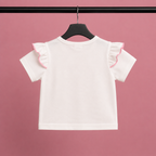 Imported Girls Fashionwear 3D Floral Appliqué Top & Pearl Embellished Skort Set with Beret – Pink & White Suit