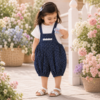 Imported High Quality Girl Romper Set Navy Floral Bubble with Flower Brooch Detail for Baby Girls