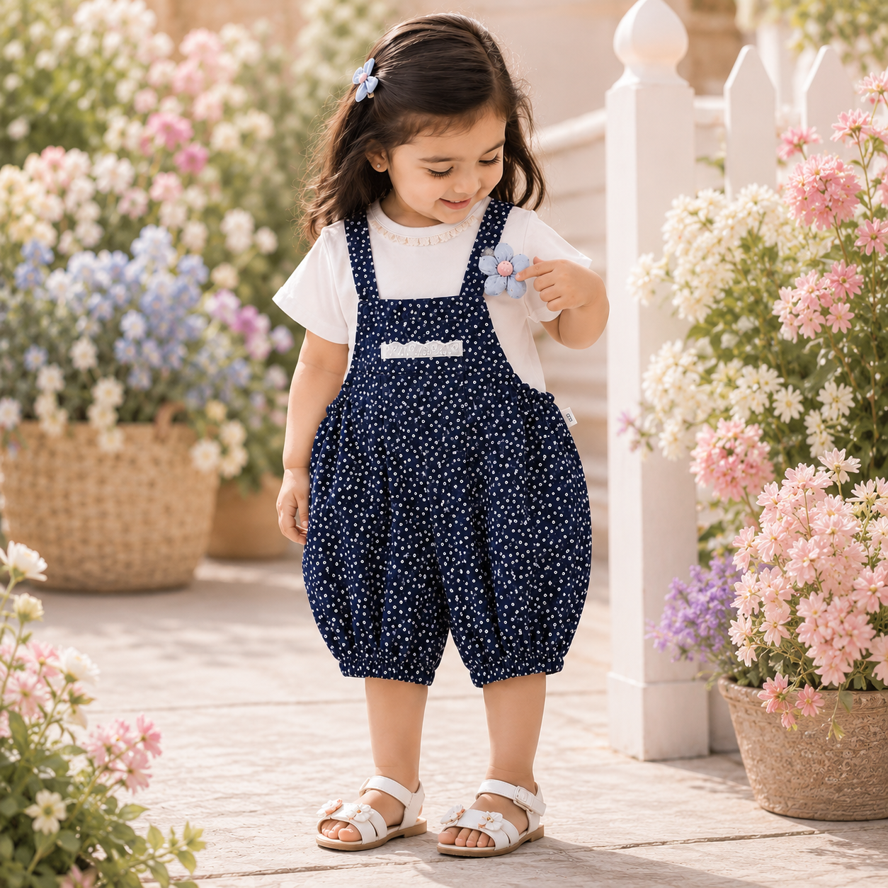 Navy Floral Bubble Romper Set with Imported Flower Brooch Detail for Baby Girls
