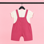 Imported Soft Fabric Baby Girls Bunny Print Dungaree Romper Set with Puff Sleeve T-Shirt – Pink & Cream