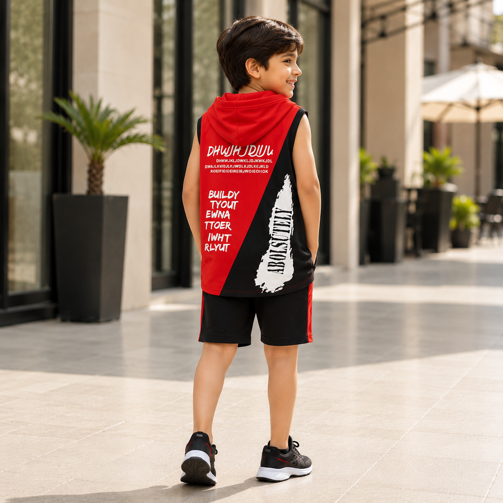 Boys Red & Black Graphic Sleeveless Hooded Tank Top T-Shirt