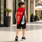 Imported Premium Boys Red & Black Graphic Sleeveless Hooded Tank Top T-Shirt
