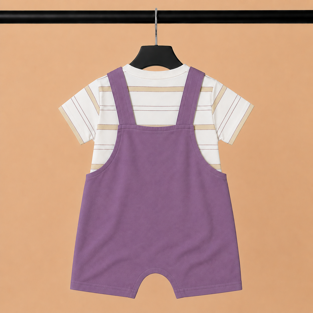 Lion Print Dungaree Romper Set with Striped T-Shirt for Baby Girls – Purple & White