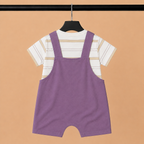 Imported High Quality Lion Print Dungaree Romper Set with Striped T-Shirt for Baby Girls – Purple & White