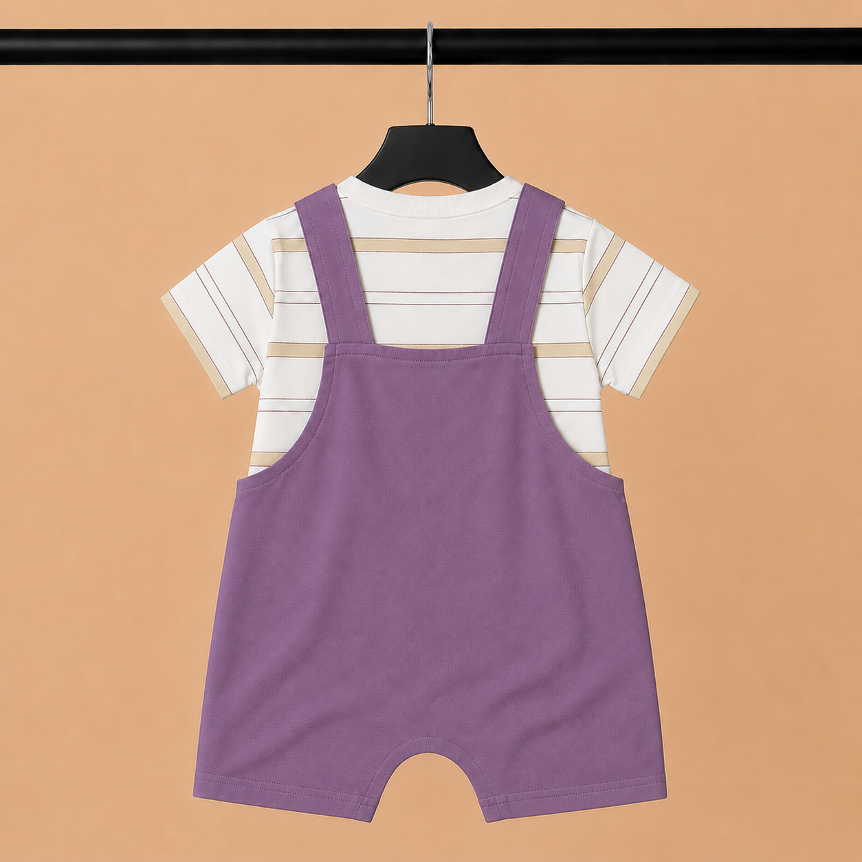 Lion Print Dungaree Romper Set with Striped T-Shirt for Baby Girls – Purple & White