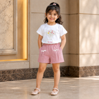 Imported Girls Fashionwear Floral Print T-Shirt & Bow Detail Shorts Set – White & Dusty Pink Suit