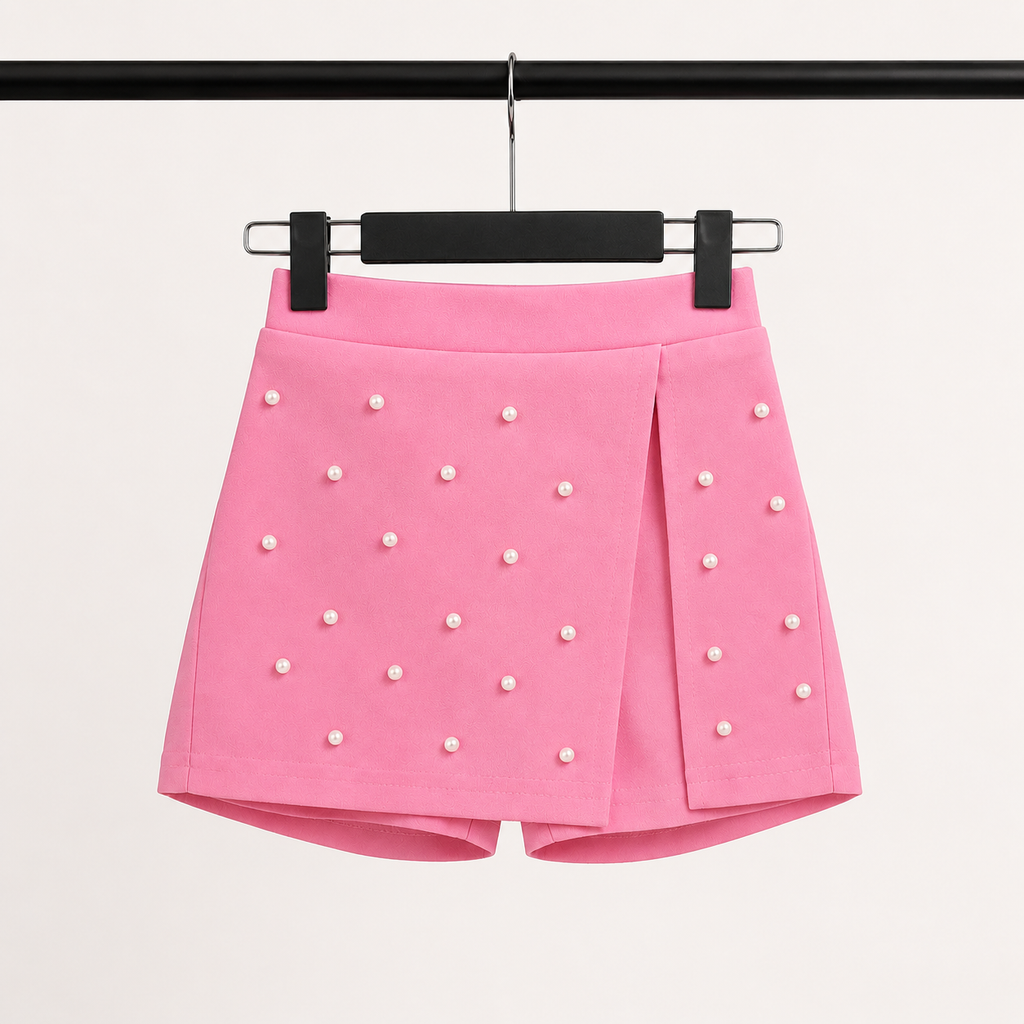 Girls 3D Floral Appliqué Top & Pearl Embellished Skort Set with Beret – Pink & White Suit