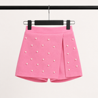 Imported Girls Fashionwear 3D Floral Appliqué Top & Pearl Embellished Skort Set with Beret – Pink & White Suit