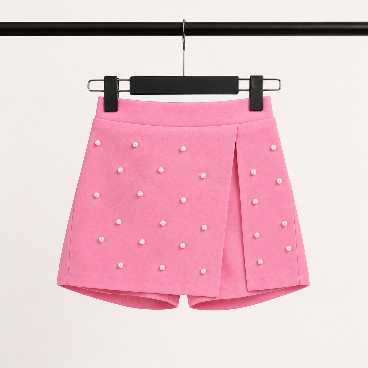 Girls 3D Floral Appliqué Top & Pearl Embellished Skort Set with Beret – Pink & White Suit