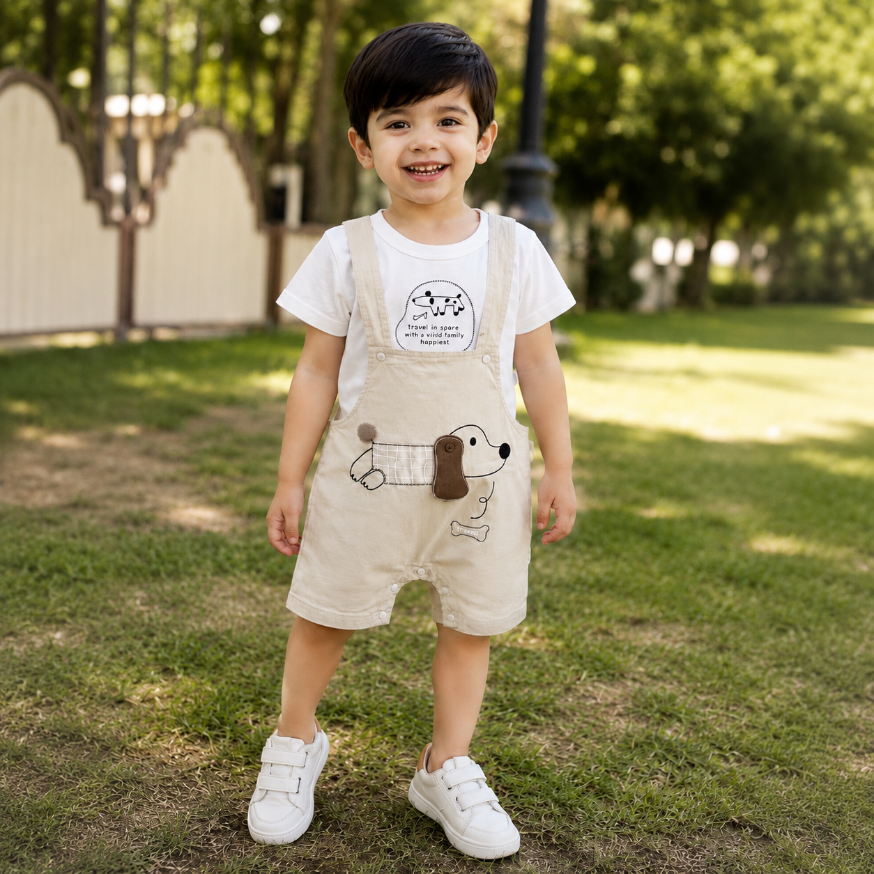 Kids puppies with bone Light Green Cotton Romper with Off-White T-Shirt