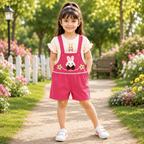 Imported Soft Fabric Baby Girls Bunny Print Dungaree Romper Set with Puff Sleeve T-Shirt – Pink & Cream