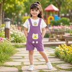 Imported High Quality Lion Print Dungaree Romper Set with Striped T-Shirt for Baby Girls – Purple & White