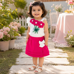 Imported Girl Fashionwear Flower Applique Top & Skirt Set (White & Hot Pink) Suit