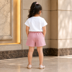 Imported Girls Fashionwear Floral Print T-Shirt & Bow Detail Shorts Set – White & Dusty Pink Suit