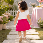 Imported Girl Fashionwear Flower Applique Top & Skirt Set (White & Hot Pink) Suit