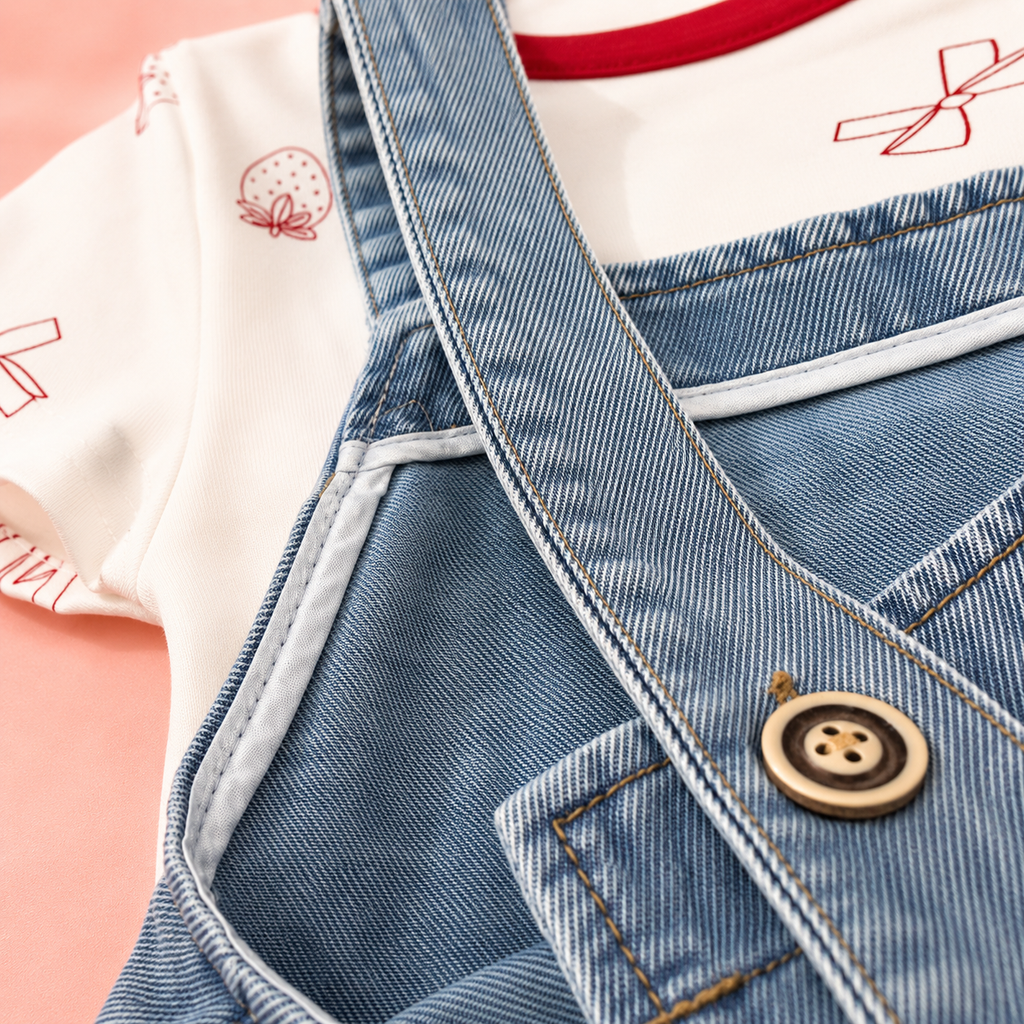 Mickey Mouse Patch Denim Romper with strawberry and bow pattern T-Shirt for Baby Girls
