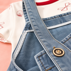 Imported Premium Girls Mickey Mouse Patch Denim Romper with strawberry and bow pattern T-Shirt for Baby Girls