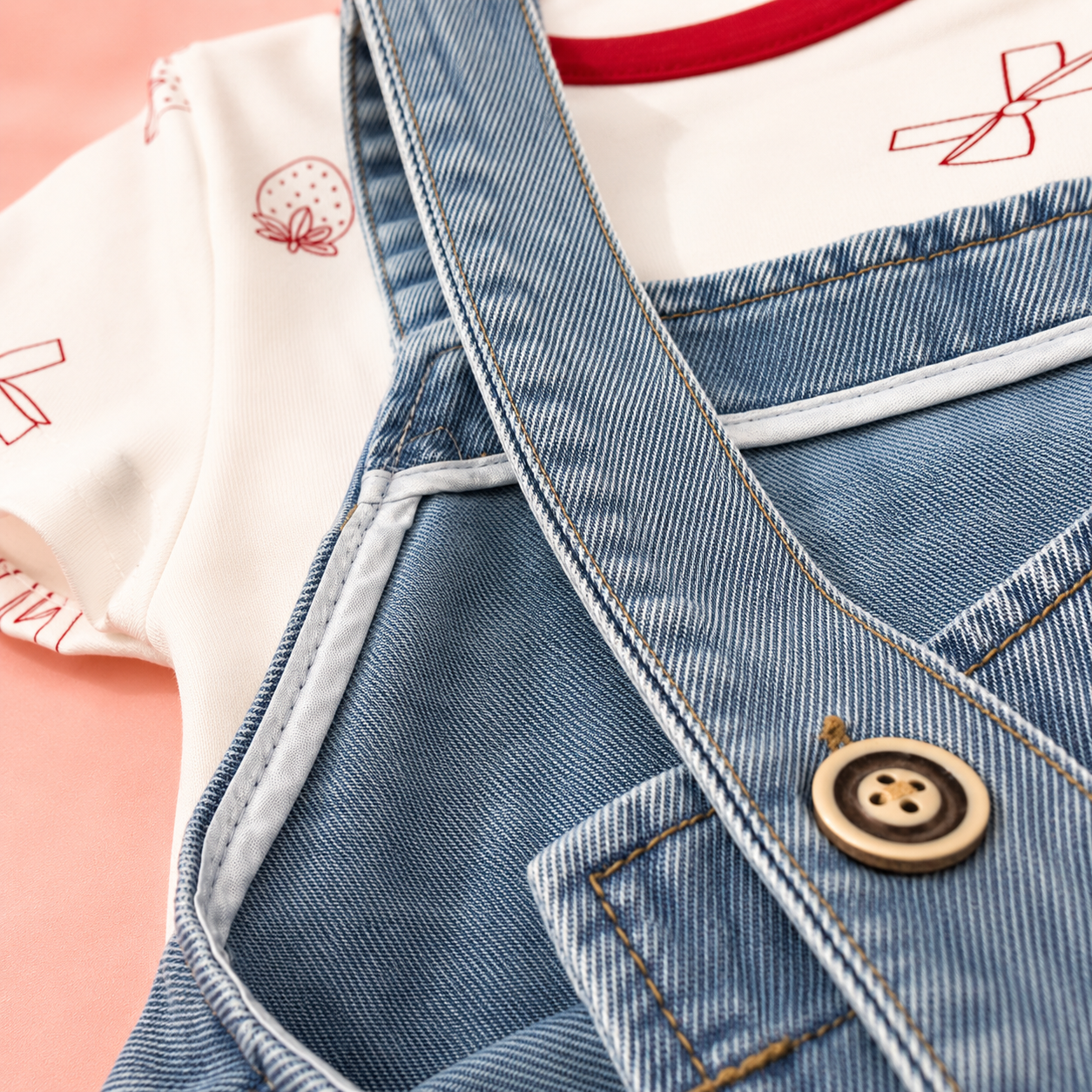 Mickey Mouse Patch Denim Romper with strawberry and bow pattern T-Shirt for Baby Girls