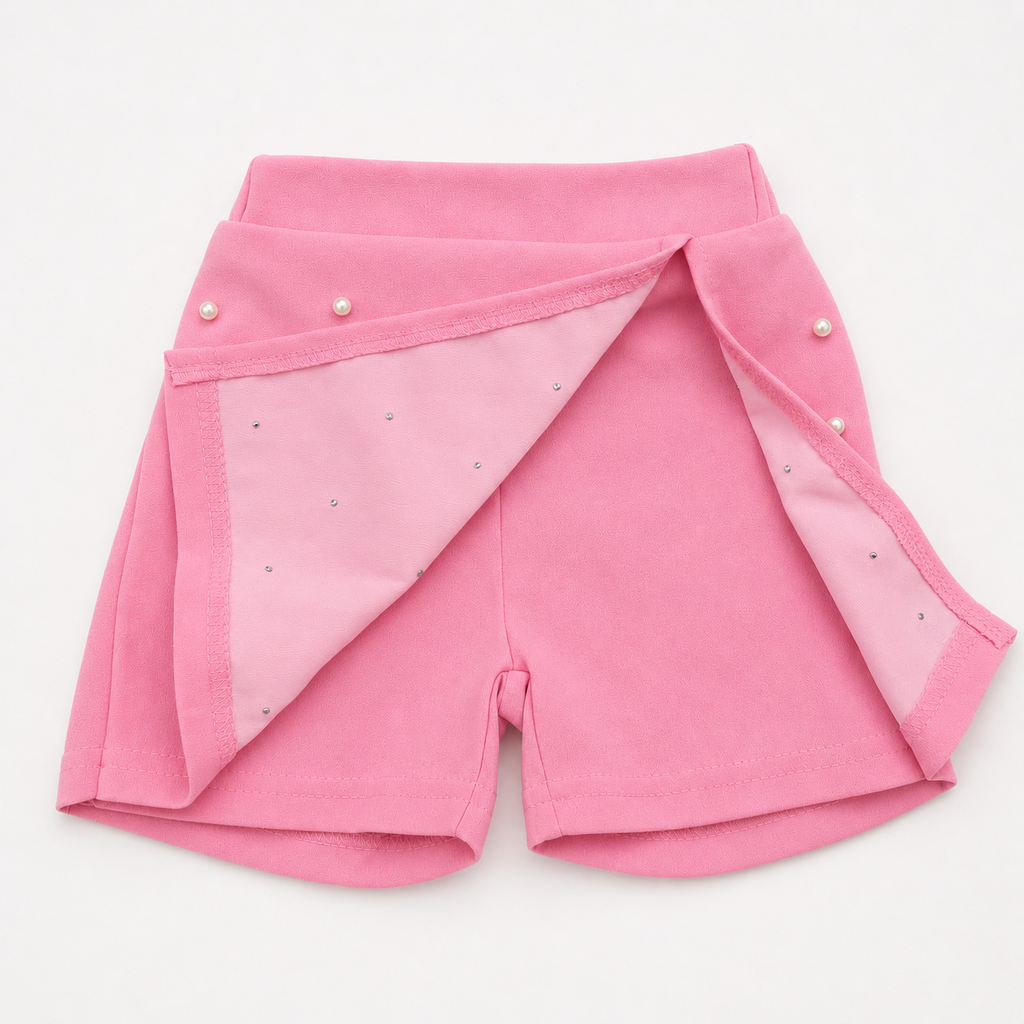 Girls 3D Floral Appliqué Top & Pearl Embellished Skort Set with Beret – Pink & White Suit