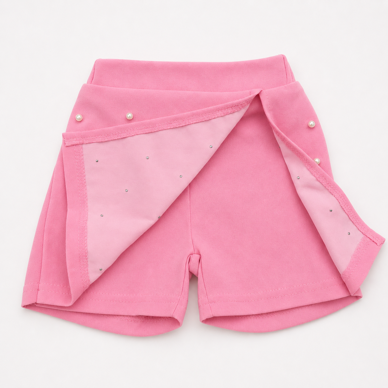 Girls 3D Floral Appliqué Top & Pearl Embellished Skort Set with Beret – Pink & White Suit