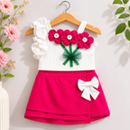 Imported Girl Fashionwear Flower Applique Top & Skirt Set (White & Hot Pink) Suit