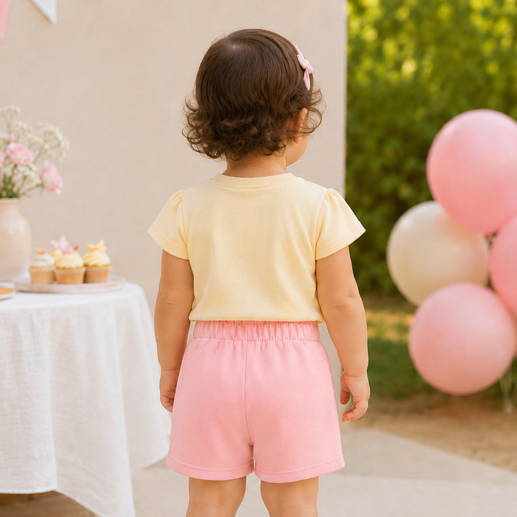 Imported Bunny Brooch Girls T-Shirt & Shorts Set – Cream & Baby Pink Suit