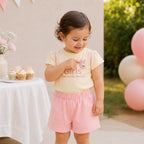 Imported Fashionwear Bunny Brooch Girls T-Shirt & Shorts Set – Cream & Baby Pink Suit